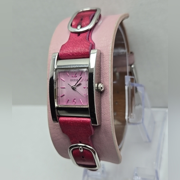 Women Guess Watch Pink Leather Wide Band Cuff Silver Case Quartz New Battery - Picture 2 of 11